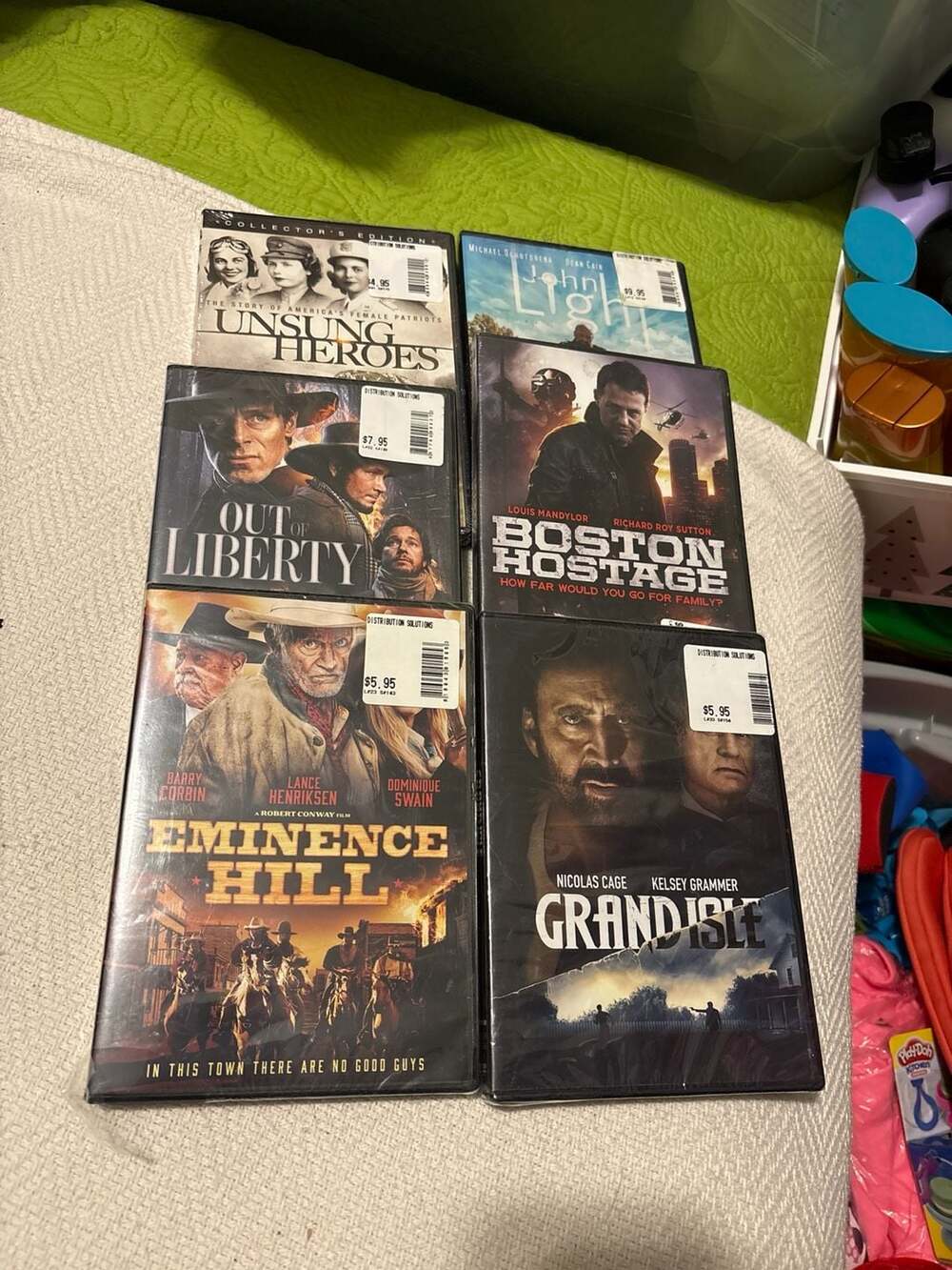 Sealed DVDs:GrandIsleEminenceHillOutof LibertyBostonHostageJohnLightUnsungHeroes